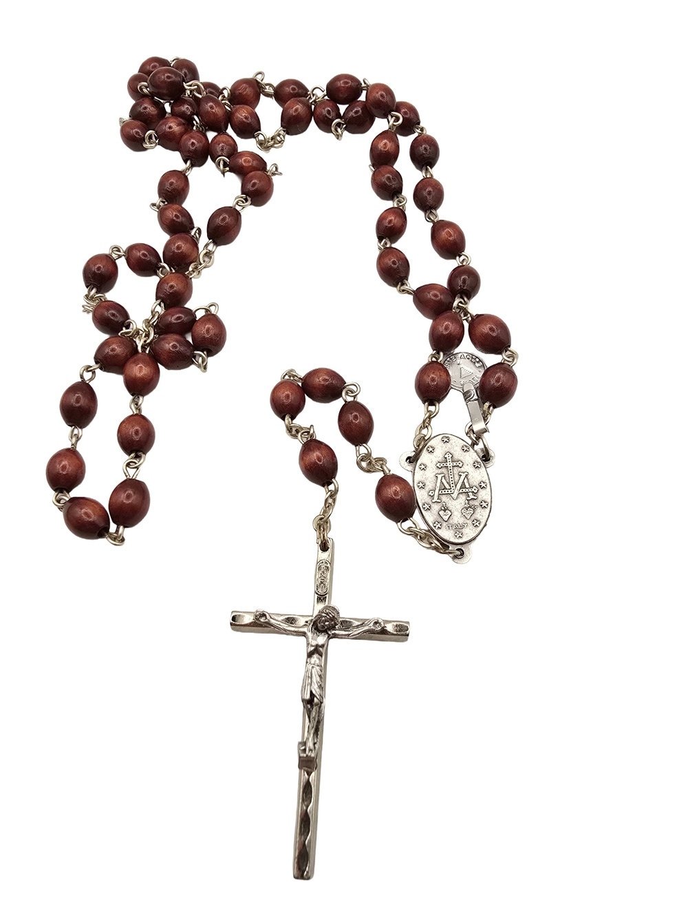 Vintage Wooden Bead Catholic Rosary Crucifix Necklace